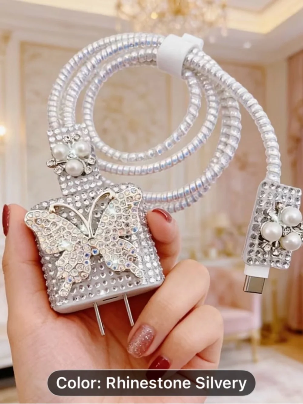 5PCS Rhinestone Silver Luxury Butterfly Bling Charger Set